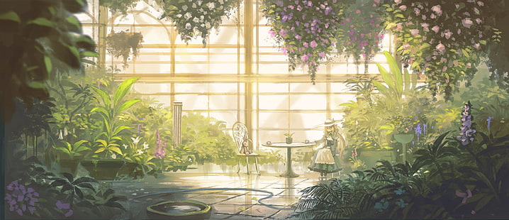 lolita mode, blommor, animeflickor, anime, trädgård, HD tapet HD wallpaper
