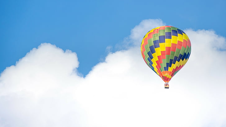 multicolored hot air balloon flew near white and blue sky, Balloon, 5k, 4k wallpaper, ride, blue, sky, clouds, HD wallpaper