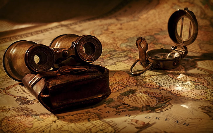 black binoculars, map, compass, binoculars, HD wallpaper
