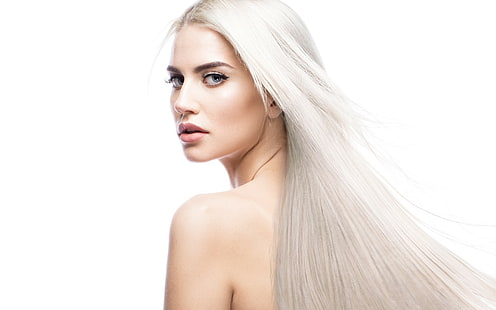 modella, capelli lunghi, viso, ritratto, donne, sfondo bianco, sfondo semplice, spalle nude, Sfondo HD HD wallpaper