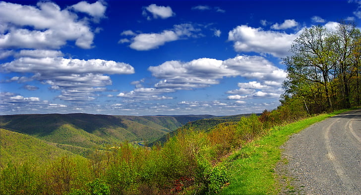 green mountains under blue sky, Edge  green, green mountains, blue sky, Pennsylvania, Lycoming County, Tiadaghton State Forest, Pine Creek Gorge, Miller Run, Natural Area, Lebo, Vista, Road, Appalachian Mountains, Allegheny Plateau, Wilds, landscape, sky, clouds, cumulus, shadows, spring, creative commons, nature, tree, outdoors, forest, mountain, summer, blue, rural Scene, hill, scenics, grass, cloud - Sky, HD wallpaper