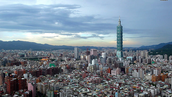 Чрезвычайно Городской Тайбэй, многолюдно, город, небоскребы, горы, природа и пейзажи, HD обои