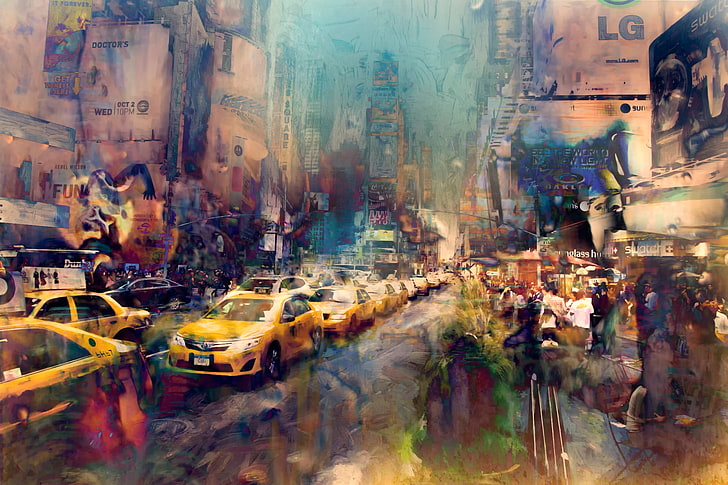 yellow taxi illustration, street, paint, art, New York City, strokes, Times Square, HD wallpaper