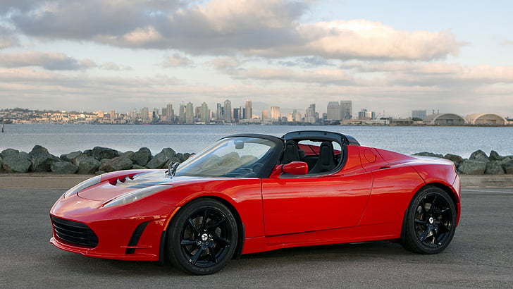 roter Ferrari Sportwagen, Tesla Roadster Sport, schnellste Elektroautos, Sportwagen, Elektroautos, rot, HD-Hintergrundbild