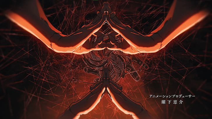 Jujutsu Kaisen, Hände, Japanisch, roter Hintergrund, Kratzer, Anime, Anime-Screenshot, HD-Hintergrundbild