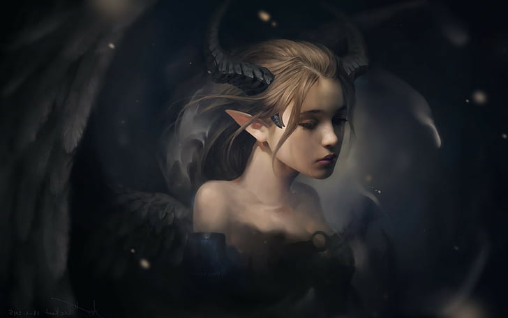 рисунок фэнтези арт демон демон девушки грустные крылья рога плач, HD обои