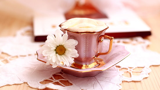 pink teacup and saucer, food, coffee, flowers, cup, HD wallpaper HD wallpaper