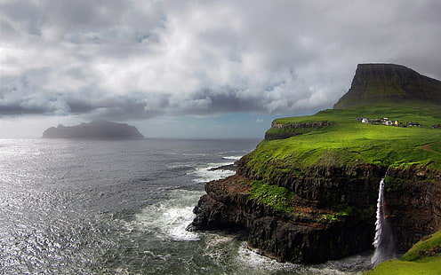 Faroe Islands, waterfall, Atlantic, mountain, rocks, storm, clouds, green mountain cliff with water falls, Faroe, Islands, Waterfall, Atlantic, Mountain, Rocks, Storm, Clouds, HD wallpaper HD wallpaper