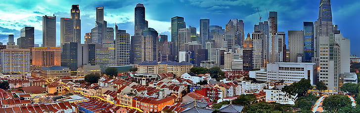 Сингапур, горизонт, пейзаж, небоскребы, закат, иллюстрация высотных зданий, Сингапур, горизонт, пейзаж, небоскребы, закат, HD обои