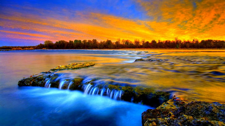 Überfließender Fluss, Schwellen, Fluss, Überlauf, Sonnenuntergang, Natur und Landschaften, HD-Hintergrundbild