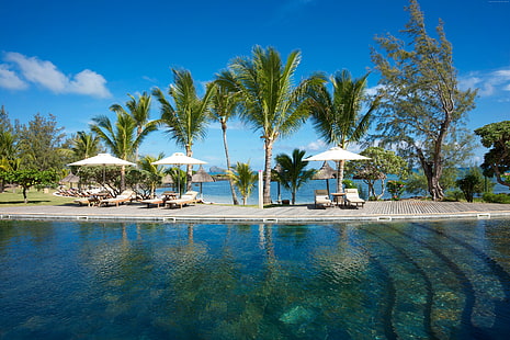 niebieski, rezerwacja, ocean, morze, basen, najlepsze miejsca do nurkowania na świecie, Grand Gaube, hotel, palma, wakacje, solarium, woda, niebo, podróże, Mauritius, Tapety HD HD wallpaper