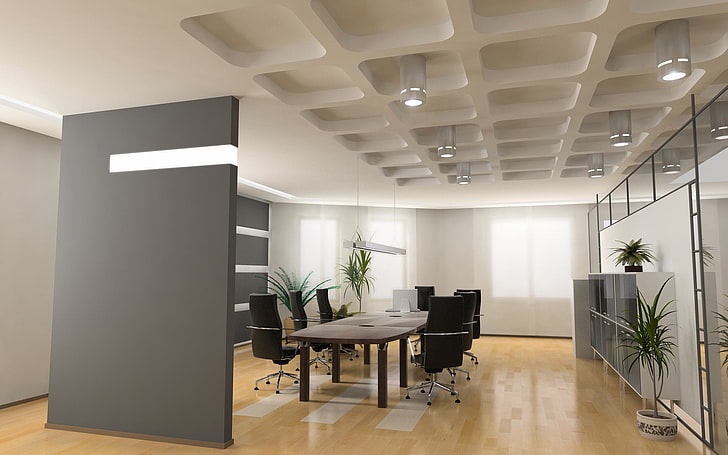 meja kayu coklat, kantor, dinding, meja, kursi, modern, Wallpaper HD