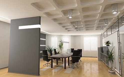 brown wooden table, office, walls, desks, chairs, modern, HD wallpaper HD wallpaper