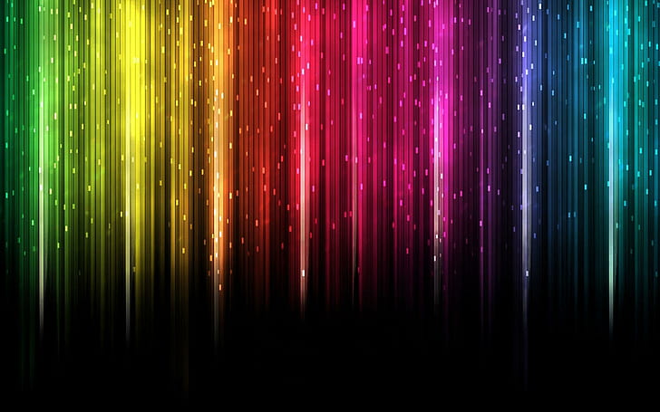 Rainbow, abstract, yellow, purple, blue, green, rainbow, pink, glitter, black, 3d and abstract, HD wallpaper
