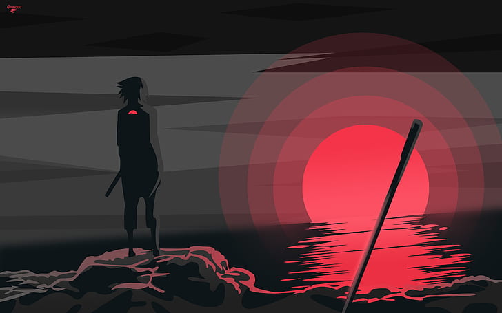 Uchiha Sasuke, Naruto (anime), coucher de soleil, épée, minimalisme, monochrome, Fond d'écran HD