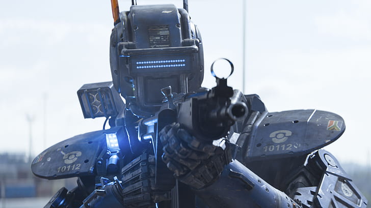Action, Fantasy, Police, Robot, with, Street, Machine, Guns, Year, Weapons, Walt Disney Pictures, Movie, Film, Exclusive, Pictures, Sci-Fi, Extended, Thriller, Universal Pictures, Cop, 2015, Columbia Pictures, Sony Pictures, Image, Sharlto Copley, CHAPPiE, Voice, Screnshot, Raid, HD wallpaper