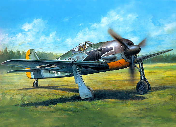 field, art, the plane, German, fighter-monoplane, WW2, single, Focke-Wulf FW - 190A – 3, HD wallpaper