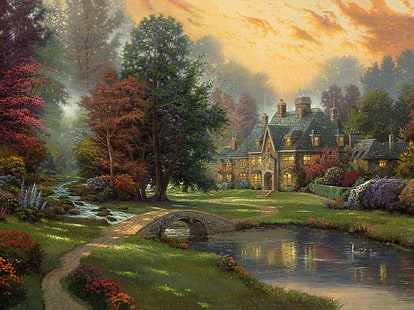 house, bridge, body of water, and trees painting, trees, sunset, duck, river, Landscape, painting, the bridge, cottage, Thomas Kinkade, HD wallpaper HD wallpaper