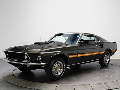 czarny Ford Mustang coupe, Mustang, 1969, muscle car, mach 1, odrzutowiec Cobra, Tapety HD HD wallpaper