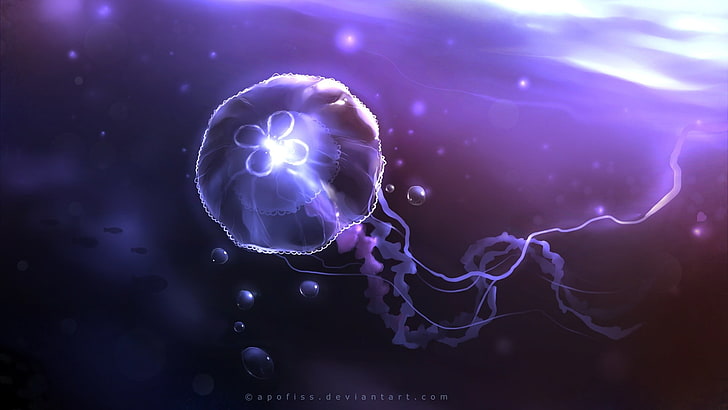 medusa púrpura, Apofiss, medusa, obra de arte, burbujas, bajo el agua, brillante, Fondo de pantalla HD