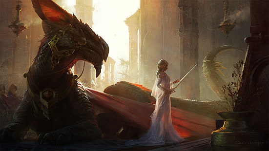 Ilustración de dragon y dragon slayer, arte digital, ilustraciones, arte de fantasía, vestido, espada, rubia, dragón, Fondo de pantalla HD HD wallpaper