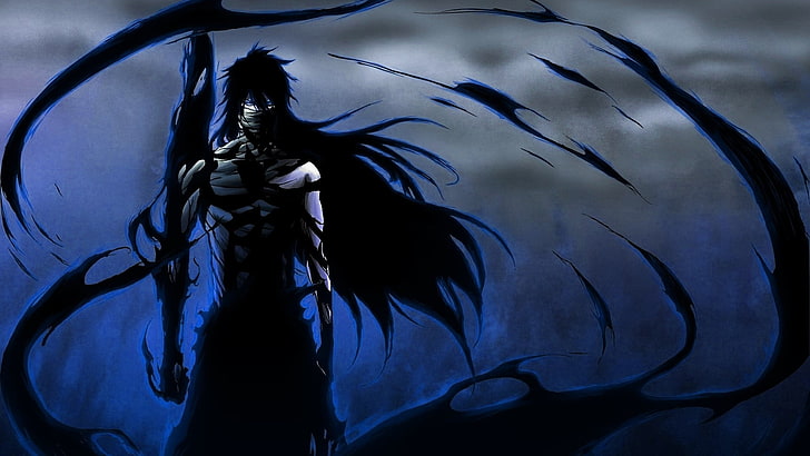 schwarzhaarige Anime-Charakterillustration, Bleichmittel, Anime, Kurosaki Ichigo, Mugetsu, Finale Getsuga Tenshou, dunkel, HD-Hintergrundbild