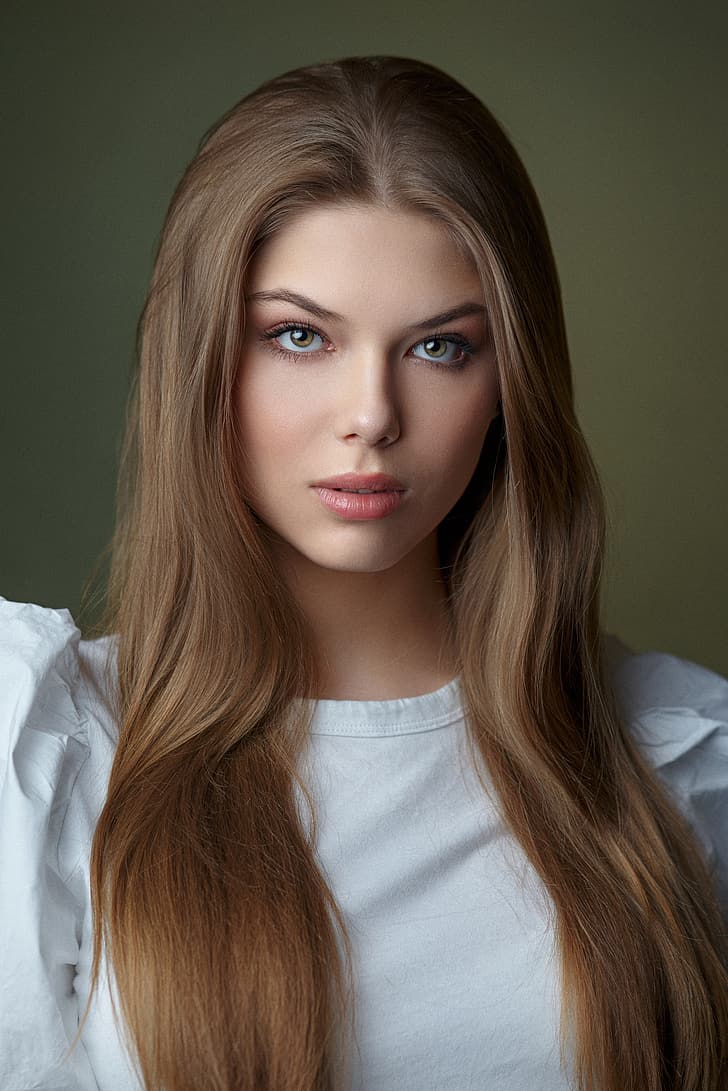 Pavel Cherepko, women, brunette, brown eyes, portrait, simple background, HD wallpaper
