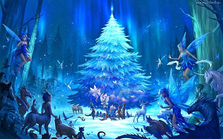forest, fantasy, holiday, anime, art, elves, New year, tree, the edge, HD wallpaper