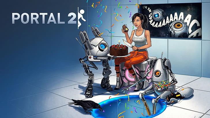 Portal 2 Party HD, chell, companion cube, portal 2, portal logo, turret, wheatley, HD wallpaper