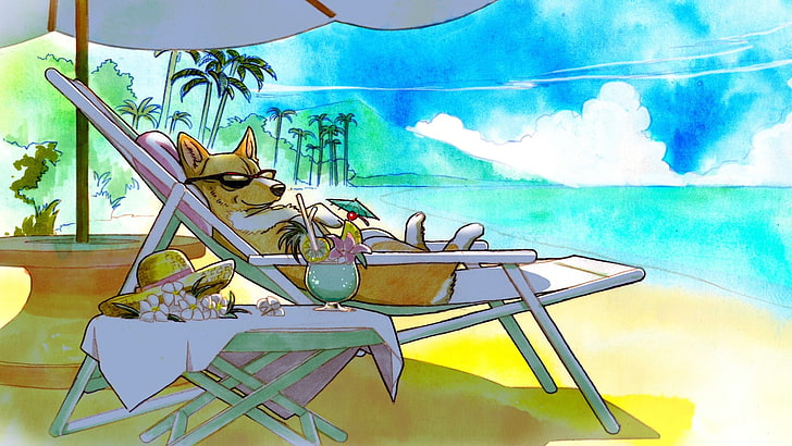 orange and white dog lying on lounge chair illustration, dog, beach, Cowboy Bebop, HD wallpaper