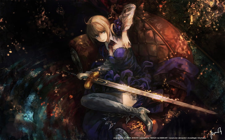 personaje de anime femenino de pelo beige con fondo de pantalla de espada, anime, serie Fate, Sabre, Fondo de pantalla HD