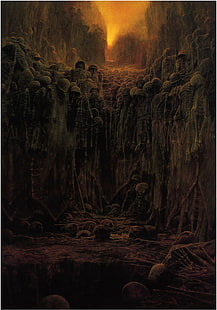 Zdzisław Beksiński, Artwork, Dark, Skeletons, Lights, zdzisław beksiński, artwork, dark, skeletons, lights, HD wallpaper HD wallpaper