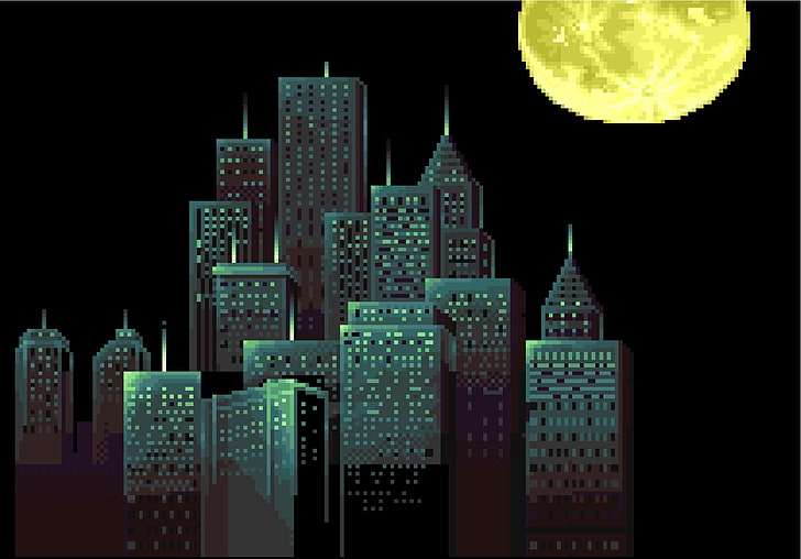 zielone budynki w połowie wysokości i wieżowce pod grafiką w pełni księżyca, piksele, sztuka pikselowa, pejzaż miejski, budynek, wieżowiec, księżyc, czarne tło, Tapety HD