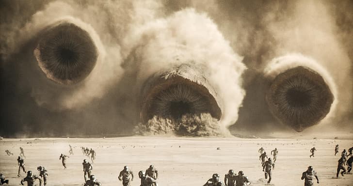 Dune (movie), Dune (series), desert, Sardaukar, Sandworm, film grain, sand, running, helmet, sword, Dune (part two), HD wallpaper