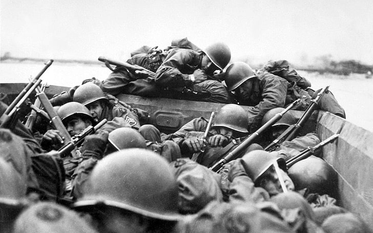 фотография в сива скала на войници през деня, войни, D-ден, исторически, HD тапет