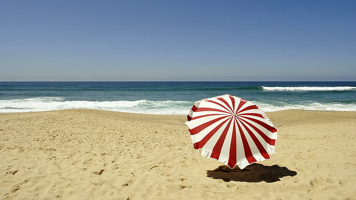 Красно-белый зонт на пляже, красно-белый зонт, пляжи, 1920x1080, песок, зонт, HD обои