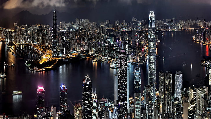 Азиатски град Хонг Конг в Китай, погледнете нощни лодки, сгради, небостъргачи, нощни лампи Wallpaper-HD-3840 × 2160, HD тапет