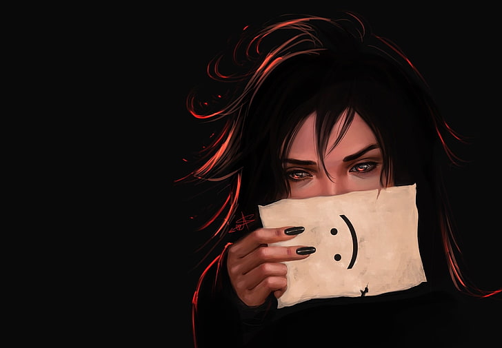 woman holding piece of paper in front of her face with smiley illustration digital wallpaper, :), paper, women, black, red, emotion, emoticons, HD wallpaper