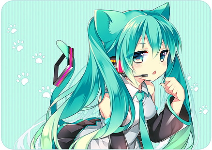 Anime, Anime Girls, Vocaloid, Hatsune Miku, Tierohren, Aqua-Augen, Aqua-Haare, lange Haare, Twintails, HD-Hintergrundbild HD wallpaper