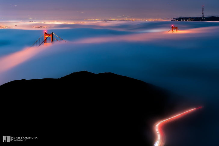 огни, туман, Сан-Франциско, фотограф, мост Золотые Ворота, Кендзи Ямамура, HD обои