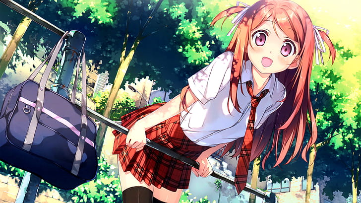 Kurumi (Kantoku), Check×Check, schoolgirl, redhead, HD wallpaper