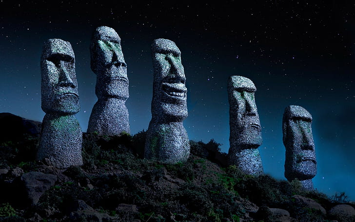 تمثال جزيرة الفصح شيلي المرصعة بالنجوم ليلة الآثار الحجر مواي طبيعة المناظر الطبيعية، خلفية HD