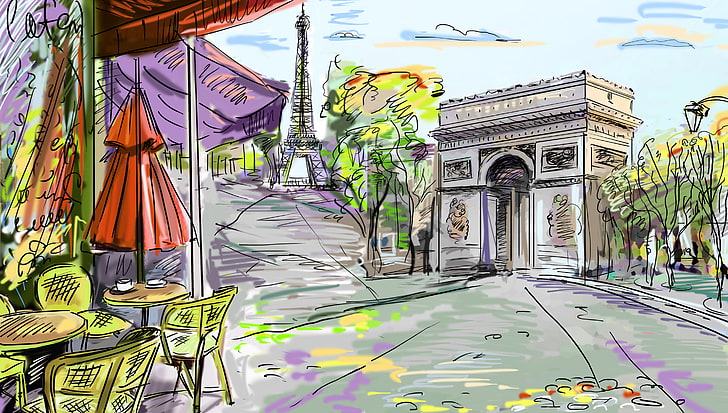 Eiffeltornmålning, träd, Eiffeltornet, Paris, stolar, kafé, Frankrike, bord, gata, båge, HD tapet