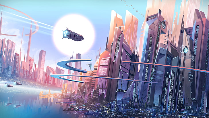 futuristic city digital wallpaper, digital art, cityscape, spaceship, futuristic city, HD wallpaper