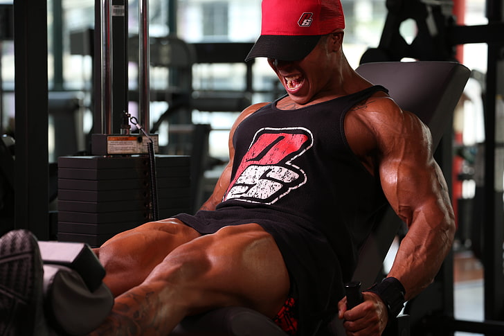 maglia muscolare nera e rossa da uomo, bodybuilding, atleta, esercizio fisico, Sfondo HD
