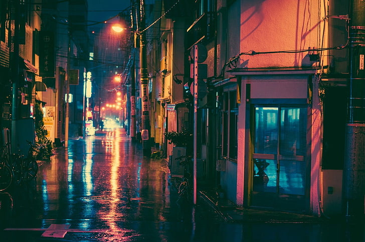 foto de la calle durante la lluvia fondo de pantalla digital, Masashi Wakui, Japón, noche, calle, Fondo de pantalla HD