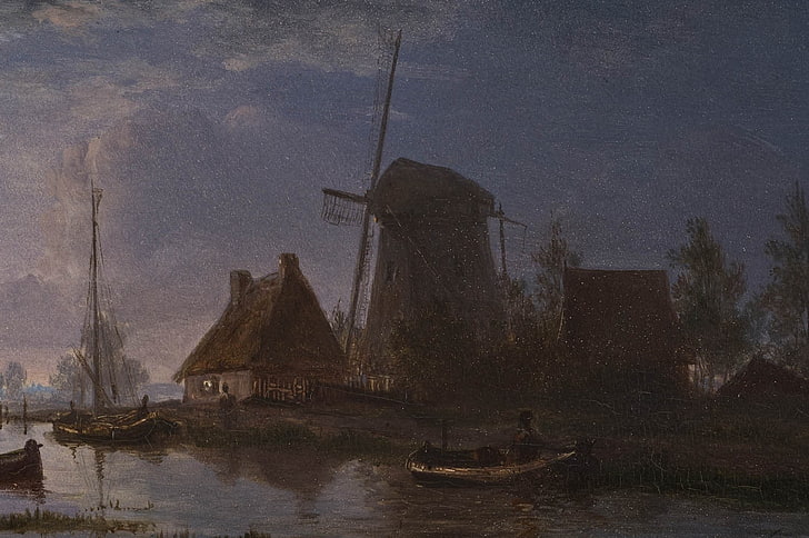 braunes Holzhaus mit Baummalerei, Malerei, klassische Kunst, Windmühle, Fluss, Hütte, Boot, HD-Hintergrundbild