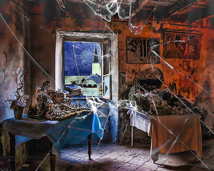 panoramas, broken glass, interior, room, HD wallpaper