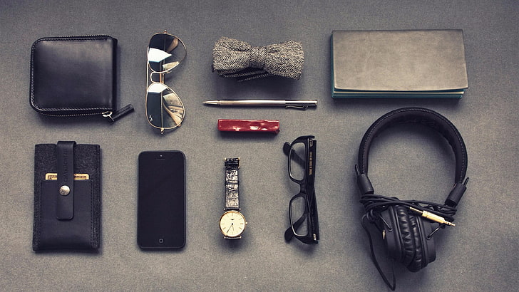 gentleman, man, accessories, sunglasses, glasses, wallet, watch, wristwatch, headset, pen, notes, HD wallpaper