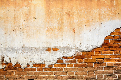 brązowy betonowy mur z cegły, ściana, stary, cegły, tynk, Tapety HD HD wallpaper